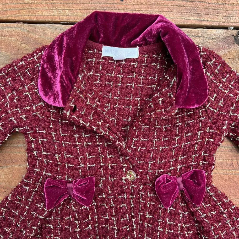 Toddler Princess Dress Coat 24M Burgundy Tweed Velvet Bow Holiday Winter Coat